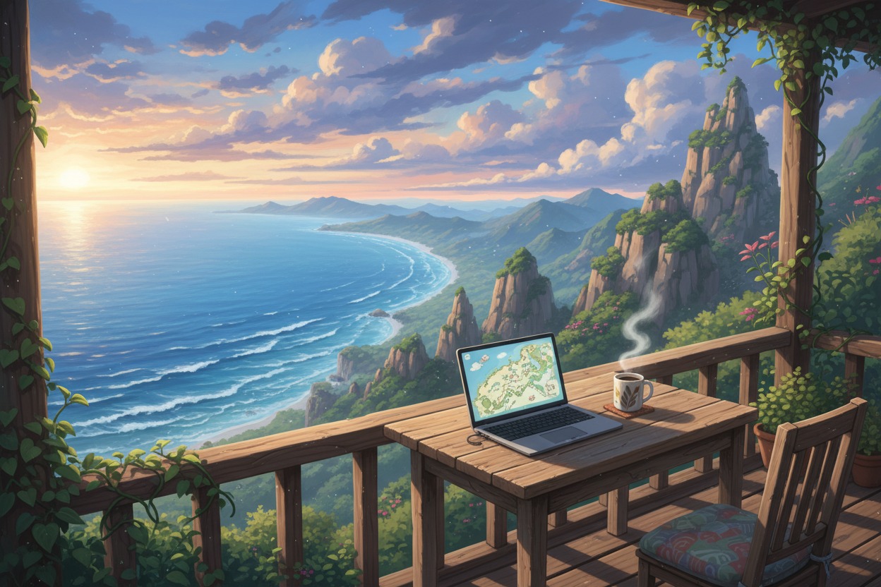 A laptop and a steaming mug of coffee sit on a wooden table on a balcony overlooking a scenic tropical coastline at sunset.